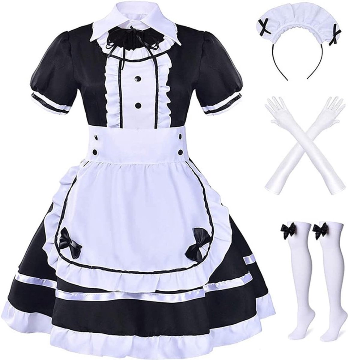 Anime Meisjesjurk Maid Dress - 7-delige Set - Kleding met Handschoenen, Kousen, Hoofdbedekking, Schort - Voor Halloween, Carnavalskostuum" - Maid Dress - Japan Maid - Anime