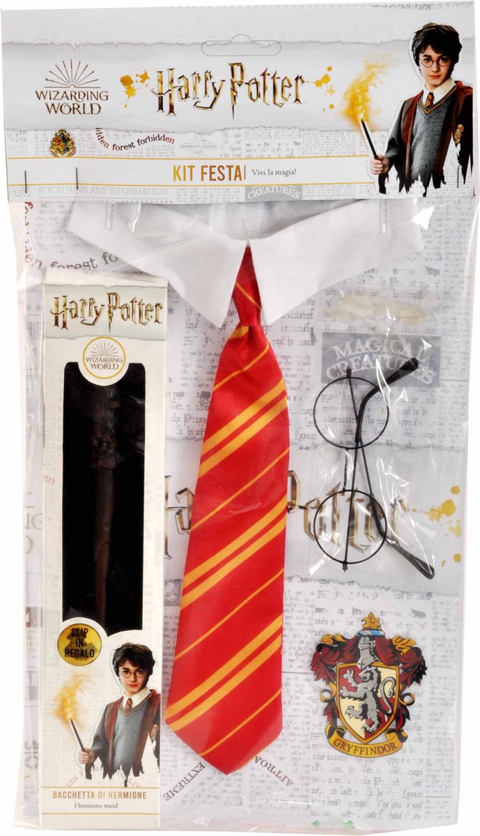 Ciao s.r.l Harry Potter Toverstaf Griffoendor Verkleedaccessoires Kind en Volwassenen Tovenaarsset - Officiële licentie - 4-Delig Stropdas/Bril/Shirt/Toverstaf - One Size