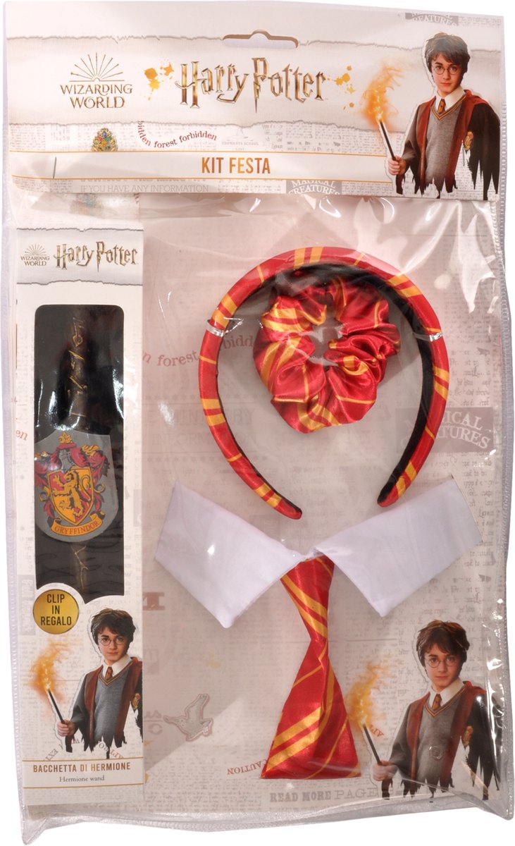 Ciao s.r.l Hermelien Toverstaf Harry Potter Hermione Granger Toverstaf Verkleedaccessoires Kind en Volwassenen Tovenaarsset - Officiële licentie - 4-Delig Stropdas/Hoofdband/Scrunchie/Toverstaf - One Size