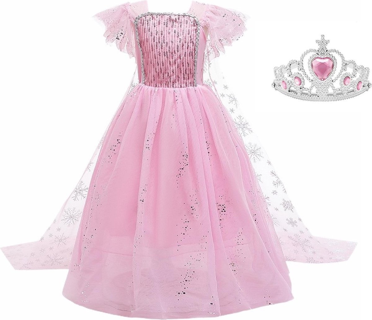 Elsa jurk roze Classic Deluxe 104-110 (110) - lange sleep + kroon Prinsessen jurk verkleedkleding verkleedjurk