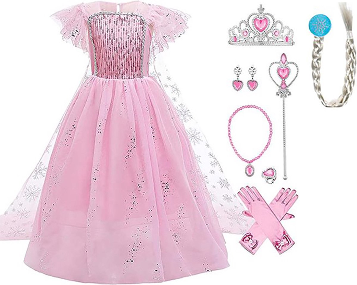 Elsa jurk - roze prinsessenjurk verkleedkleren meisje - Carnavalskleding kinderen - verkleedkleding - 110/116 (120) - Juwelenset - Lange handschoenen - Prinsessenkroon - Tiara - Toverstaf - Haarvlecht - Kleed