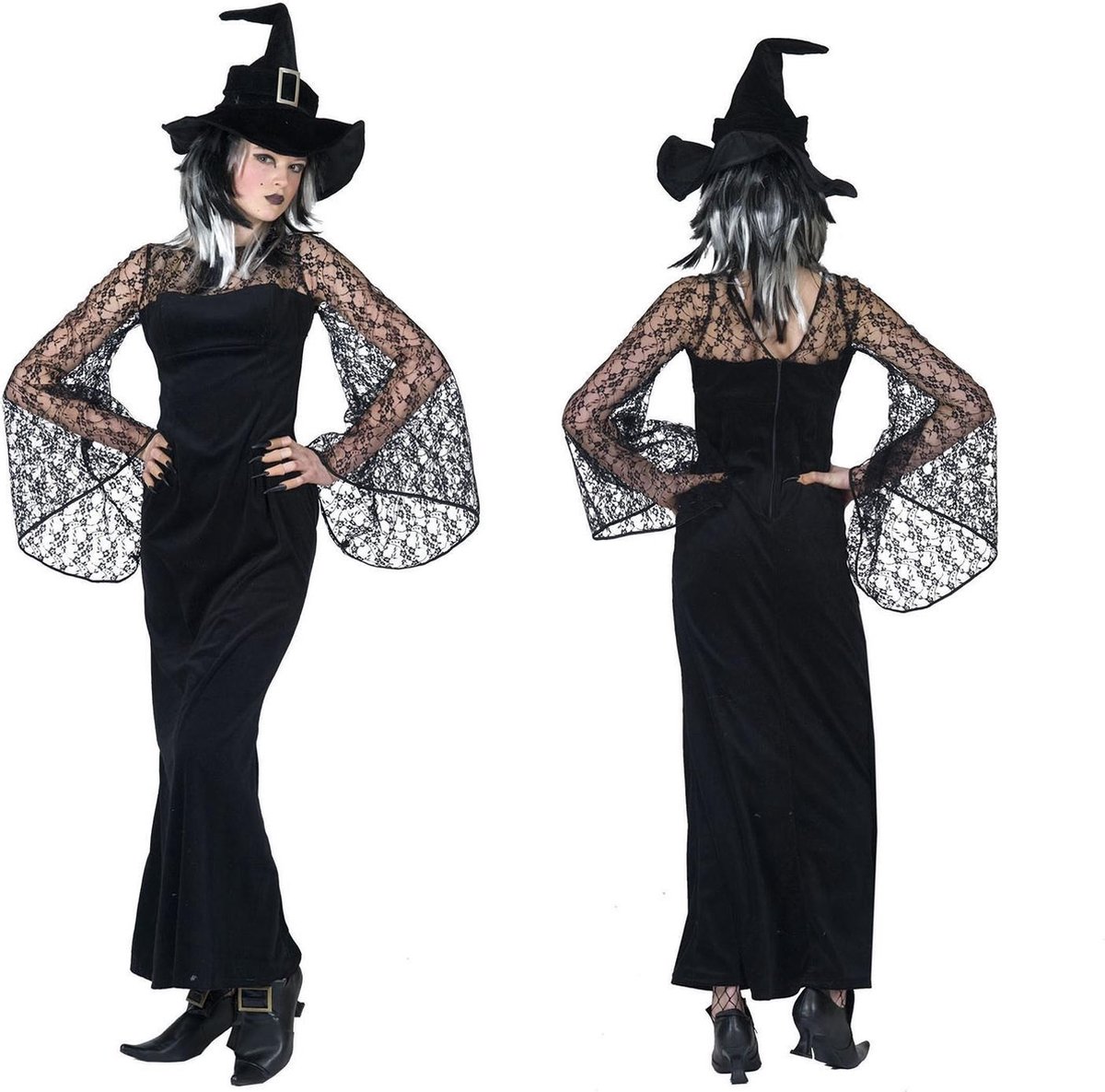 Funny Fashion - Heks & Spider Lady & Voodoo & Duistere Religie Kostuum - Gravilla De Heks - Vrouw - Zwart - Maat 40-42 - Halloween - Verkleedkleding