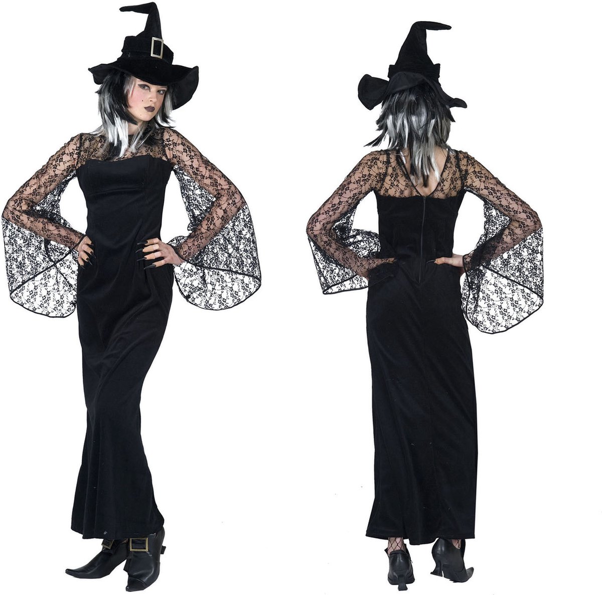 Funny Fashion - Heks & Spider Lady & Voodoo & Duistere Religie Kostuum - Gravilla De Heks - Vrouw - Zwart - Maat 44-46 - Halloween - Verkleedkleding