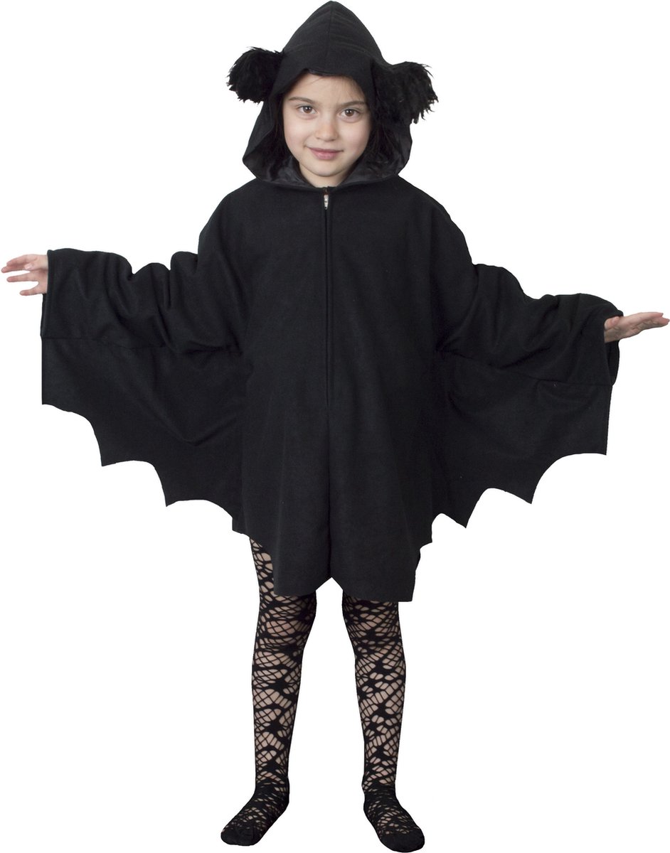 Funny Fashion - Vleermuis Kostuum - Snoezelige Zwarte Cape Kind Kostuum - Zwart - Maat 116 - Halloween - Verkleedkleding