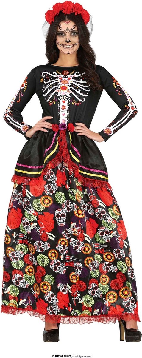 Guirca - Spaans & Mexicaans Kostuum - Feestelijke Day Of The Dead Catrina - Vrouw - Rood, Zwart - Maat 42-44 - Halloween - Verkleedkleding