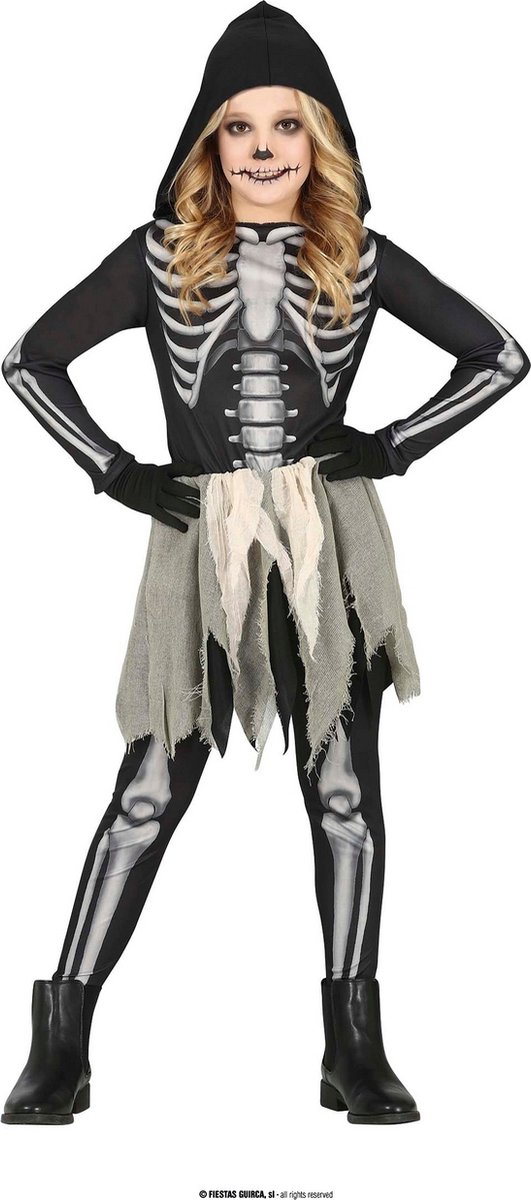 Guirca - Spook & Skelet Kostuum - Niet Zo Hongerig Skelet - Meisje - Zwart, Grijs - 7 - 9 jaar - Halloween - Verkleedkleding