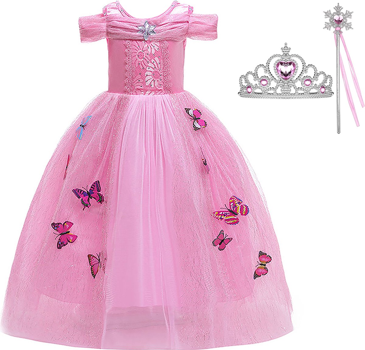 Het Betere Merk - Prinsessenjurk meisje - Roze vlinders - Verkleedkleren meisje - Maat 104/110 (110) - Toverstaf - Kroon - Tiara - Roze jurk - Carnavalskleding kinderen