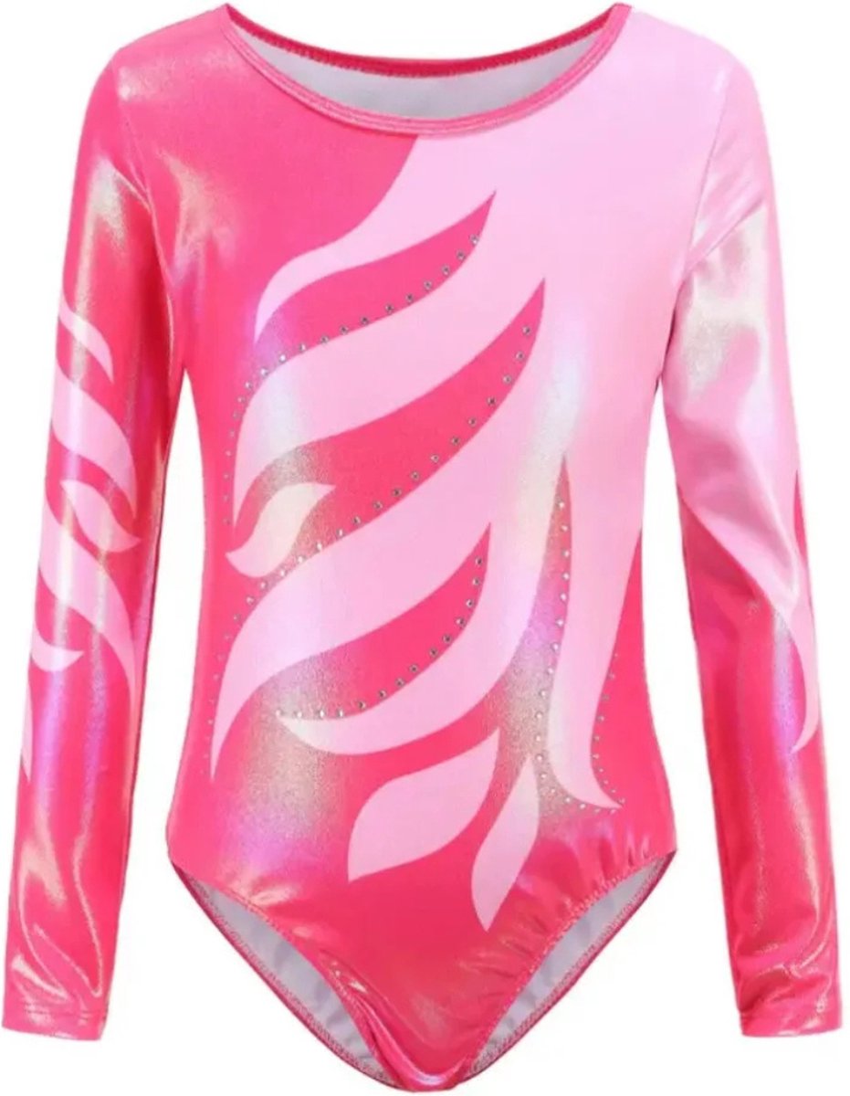 Joya Kids® Turnpakje Meisjes met Lange Mouwen | Hard Roze met Glitters en Strass Steentjes Ballet pakje | Gymnastiekpakje | Turnen | Turn Pakje | Maat 140