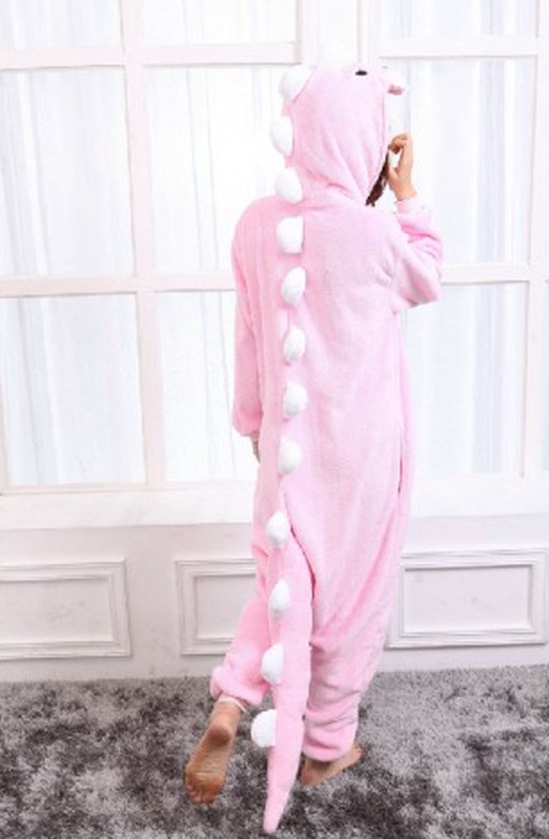 KIMU Onesie Lichtroze Draak Pak - Maat M-L - Drakenpak Dino Kostuum Roze Pak 170 176 - Dinosauruspak Jumpsuit Pyjama Huispak Dames Heren Kerst Kado