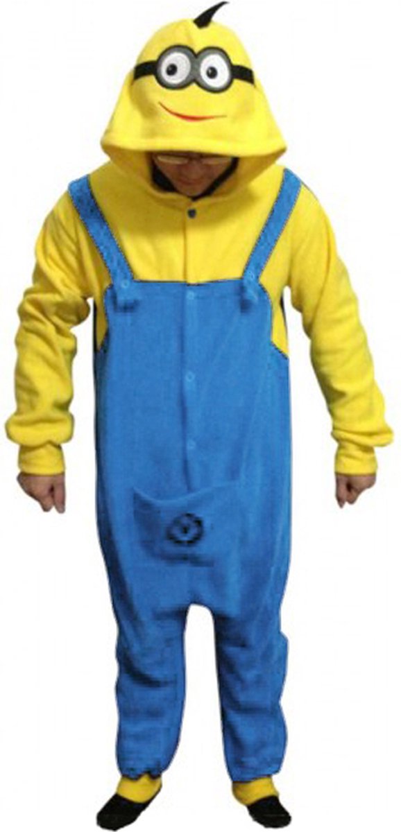 KIMU Onesie Minion Pak - Maat 116-122 - Monster Kostuum Geel Blauw Overall Kinderen Jumpsuit Huispak Fleece Pyjama Jongen Meisje Minions Kerst Kado