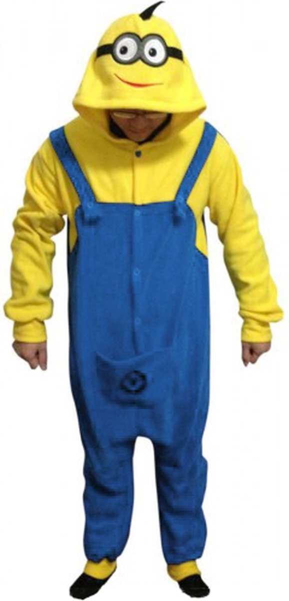 KIMU Onesie Minion Pak - Maat L-XL - Monster Kostuum Geel Blauw Overall Jumpsuit Huispak Fleece Pyjama Dames Heren Volwassenen Minions Kerst Kado