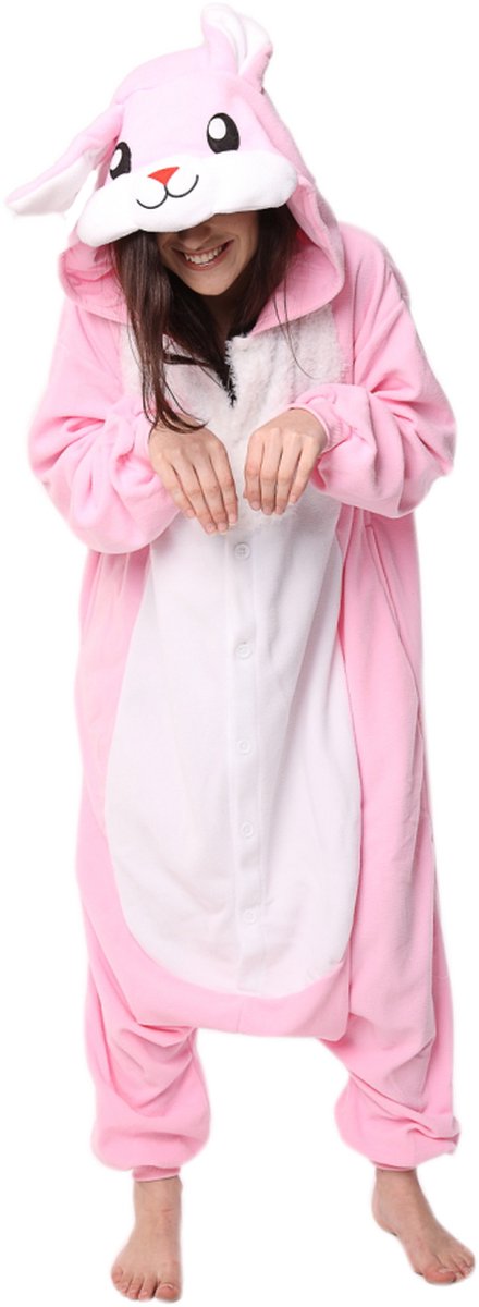 KIMU Onesie Roze Konijn Pak - Maat L-XL - Konijnenpak Kostuum Paashaas - Hazenpak Zacht Fleece Huispak Jumpsuit Pyjama Dames Heren Kerst Kado