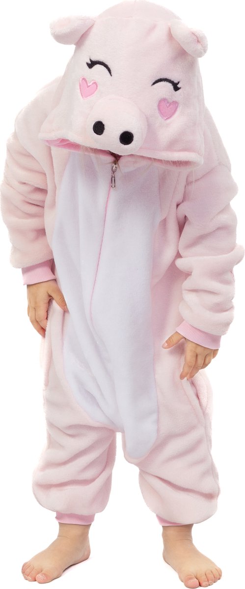 KIMU Onesie Varken Pak - Maat 128-134 - Varkenspak Kostuum Roze Big Zwijn - Zwijn Kinderen Jumpsuit Pyjama Huispak Jongen Meisje Fleece Kerst Kado