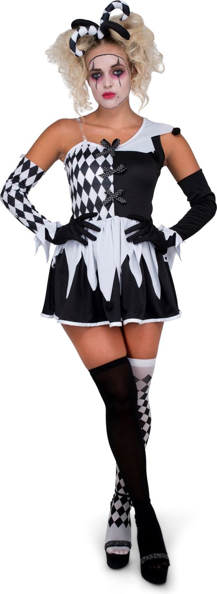 Karnival Costumes Harlekijn Halloween Kostuum Dames Halloween Kostuum Volwassenen Carnavalskleding Dames Carnaval - Polyester - Wit/Zwart - Maat M - 4-Delig Jurk/Hoofdband/Kousen/Handschoenen