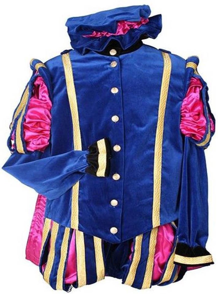 Luxe pietenpak blauw-roze met cape.