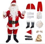 MCBOSON 10-delige kerstman kerstman kostuum - Verkleedkleding - Luxe kerstman verkleedpak voor volwassenen - Met Kleding, Broek, Pruik, Baard, Riem, Schoenovertrekken, Handschoenen, Bril, Grote gouden tas, Hoed