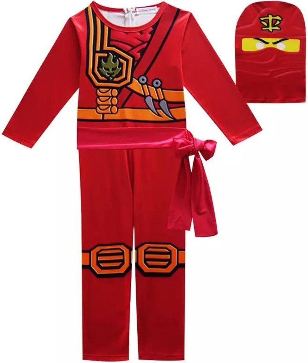 Ninjago Verkleedpak - Ninja Pak Carnavalskleding Kind - Maat 110 - S - Rood