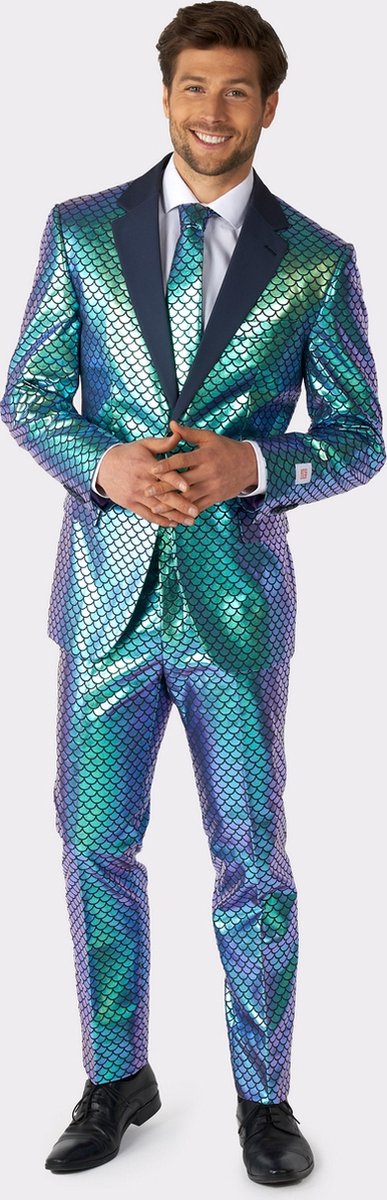 OppoSuits Fancy Fish - Heren Kerstpak - Glimmend Visgraat Kostuum - Kerst - Blauw - Maat EU 62