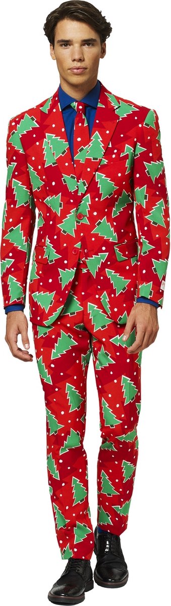 OppoSuits Fine Pine - Mannen Kerst Kostuum - Kerstpak - Kerstboom print - Gekleurd/Rood - Kerst - Maat 46