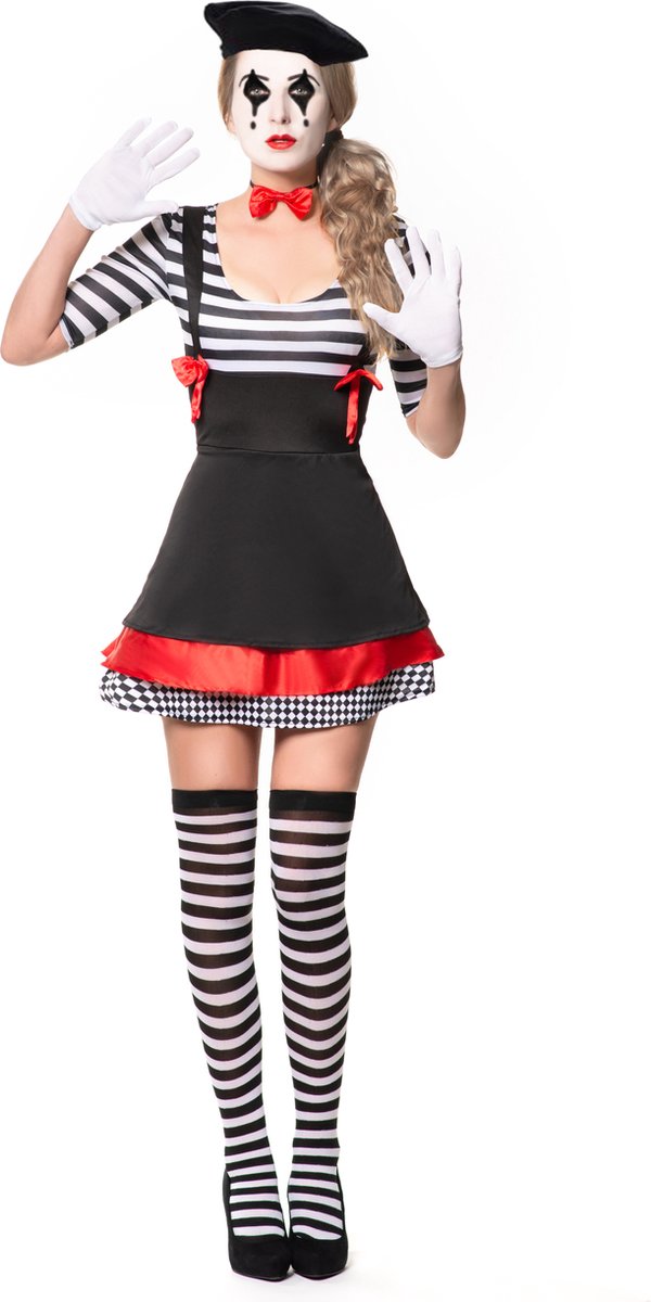 Partychimp Retro Mime Kostuum Girl Jurkje Met Halsstrikje Dames Halloween Carnavalskleding Dames Carnaval Kostuum Dames - Maat L - Zwart-Wit