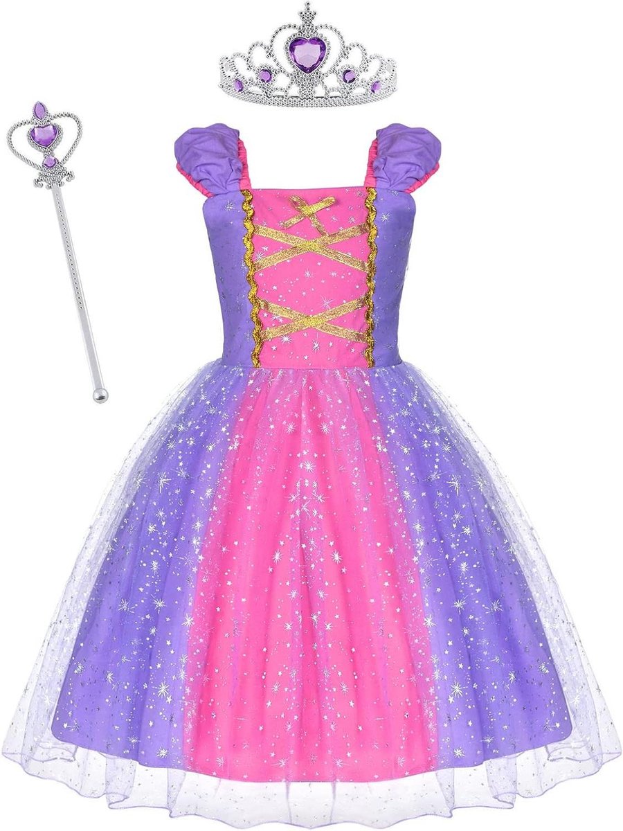 Prinsessenjurk Meisjes Rapunzel Kostuum - Kroon Toverstaf - Meisjesjurk Kinderkostuum - Feestjurk Luxe Partij Costumeren - Pofmouwen Prinses Kostuum - Party Carnaval Cosplay Halloween(6 Maanden-5 Jaar)