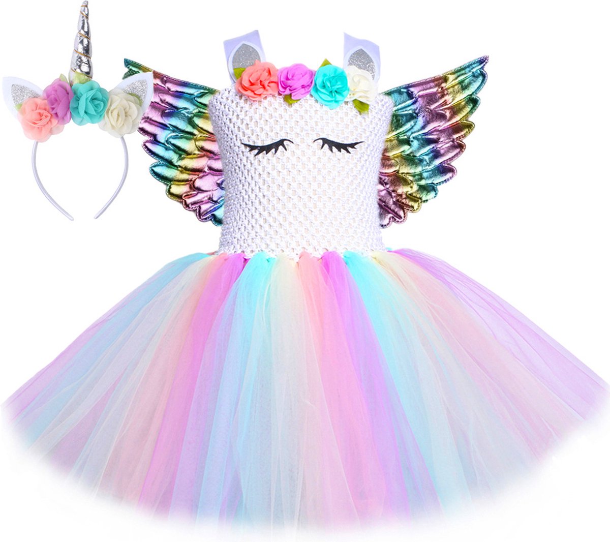 Regenboog Unicorn verkleedkleding SET - Jurkje + vleugels + haarband - Verkleedkleding voor kinderen - Meisje - Eenhoorn regenboog - Roze - Glitter - Prinsessenjurk - Cadeau meisje