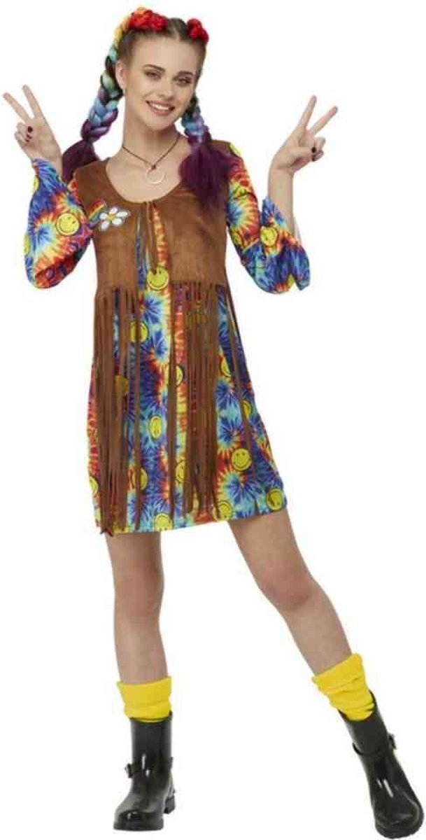 Smiffy's - Hippie Kostuum - Smiley Hippie Jurk Vrouw - Bruin, Multicolor - Small - Carnavalskleding - Verkleedkleding