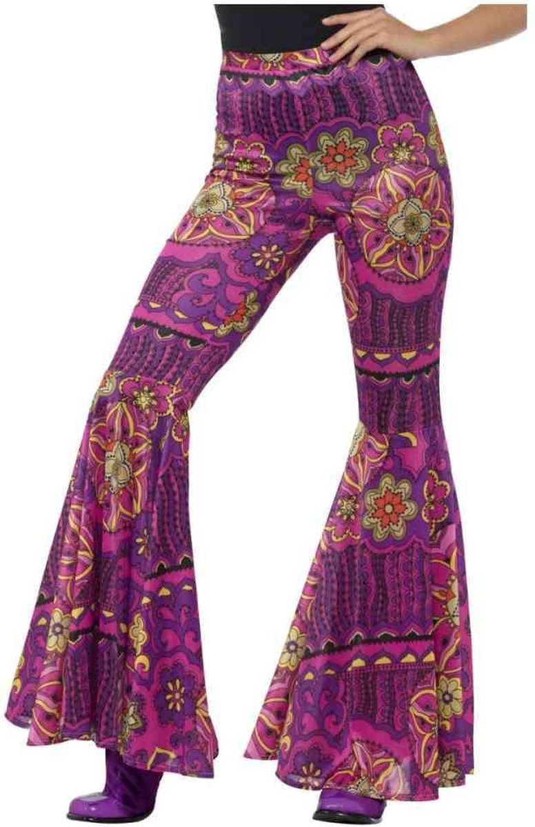 Smiffy's - Hippie Kostuum - Wilde Wijde Pijpen Broek Vrouw - Paars - Medium / Large - Carnavalskleding - Verkleedkleding