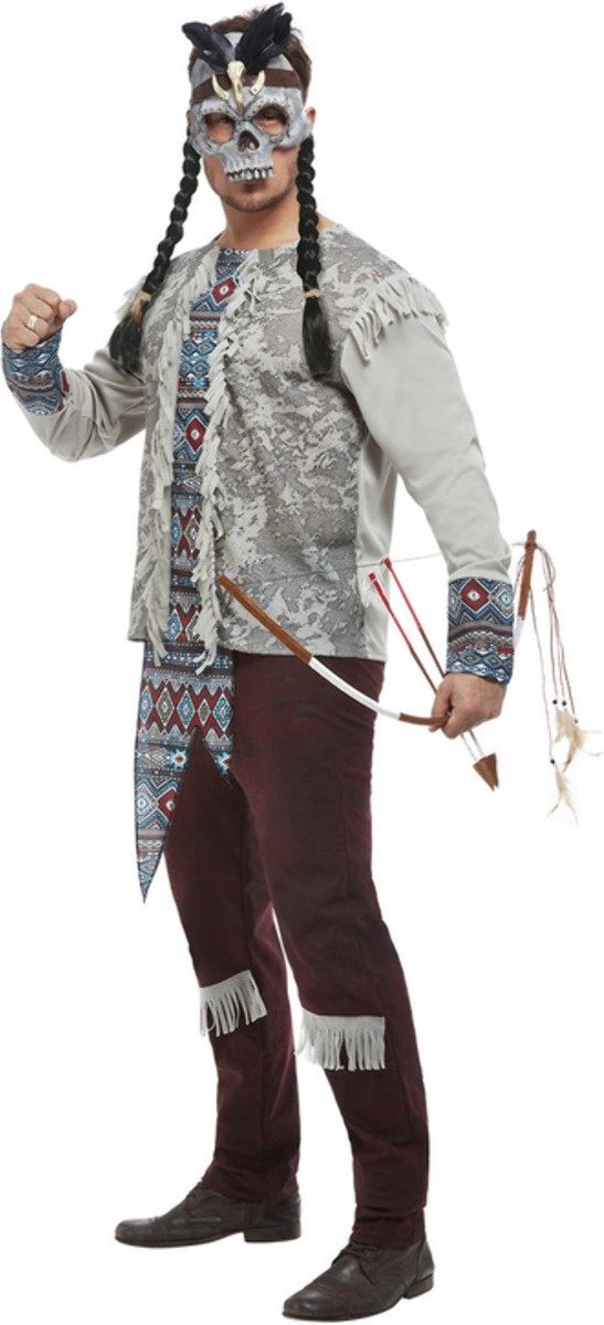 Smiffy's - Indiaan Kostuum - Native America Indiaan - Man - Bruin, Wit / Beige, Grijs - Medium - Halloween - Verkleedkleding