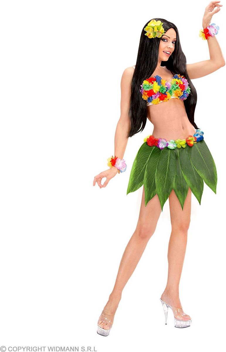 Widmann - Hawaii & Carribean & Tropisch Kostuum - Hawaiiaanse Bananenbladrok Met Bloemenriem Vrouw - Groen - One Size - Carnavalskleding - Verkleedkleding