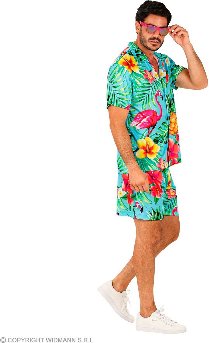 Widmann - Hawaii & Carribean & Tropisch Kostuum - Zomer Festival Flamingo Trip - Man - Blauw - Large / XL - Carnavalskleding - Verkleedkleding