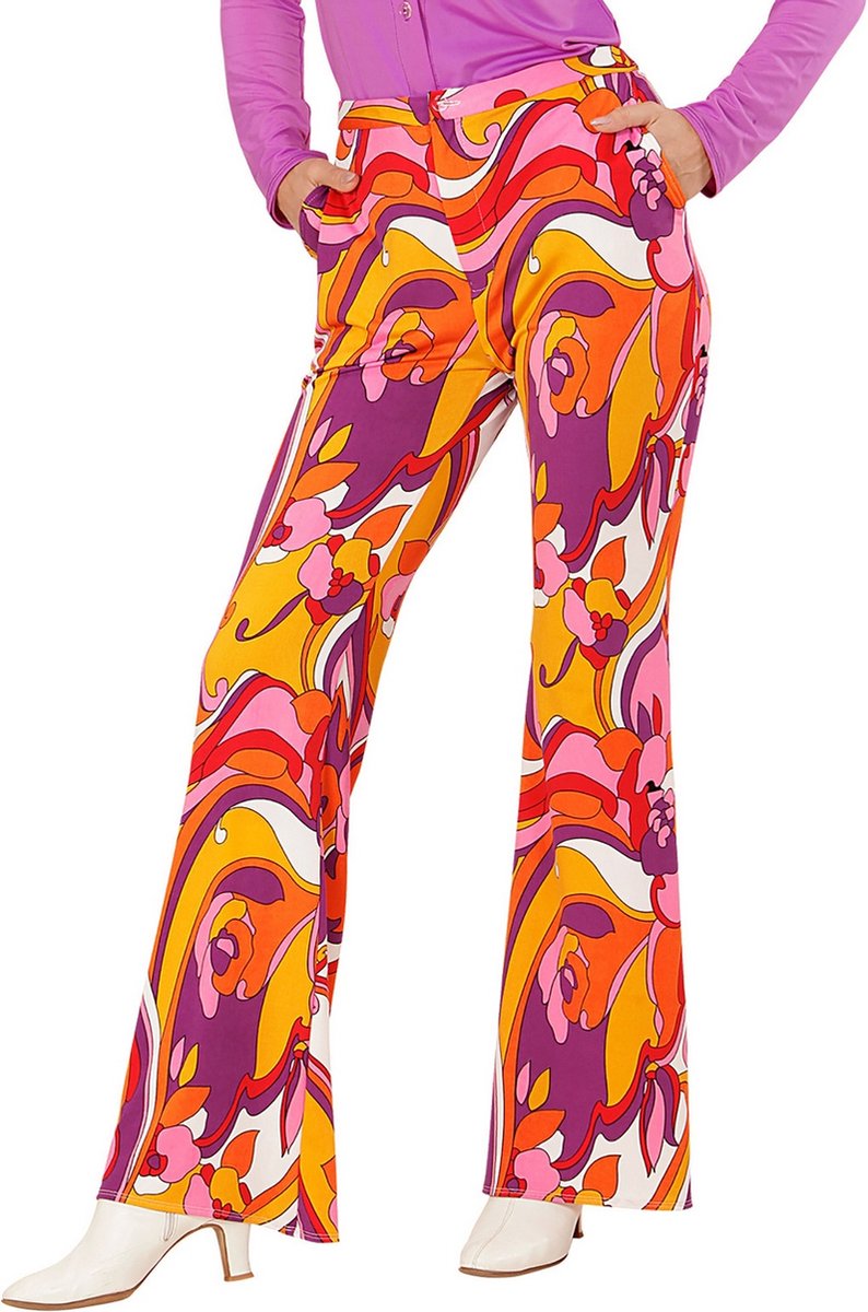 Widmann - Hippie Kostuum - Groovy Gwendolyn 70s Dames Broek, Orchidee Vrouw - Oranje, Roze, Multicolor - Large / XL - Carnavalskleding - Verkleedkleding