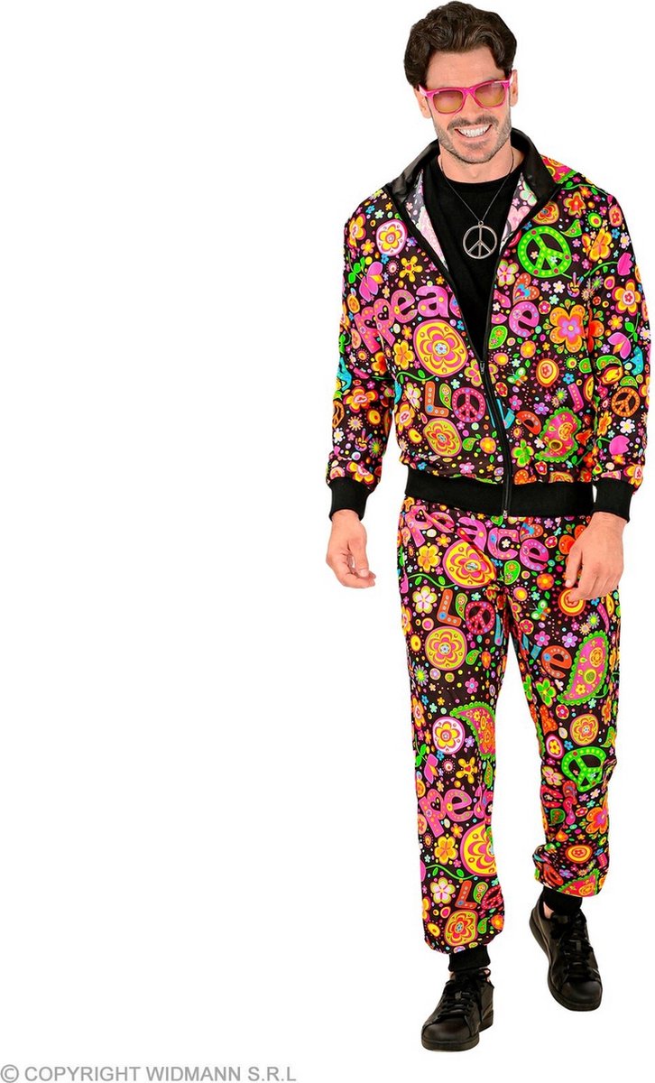 Widmann - Hippie Kostuum - Hippie Paisley Peace Retro Trainingspak Kostuum - Zwart, Multicolor - XXL - Carnavalskleding - Verkleedkleding