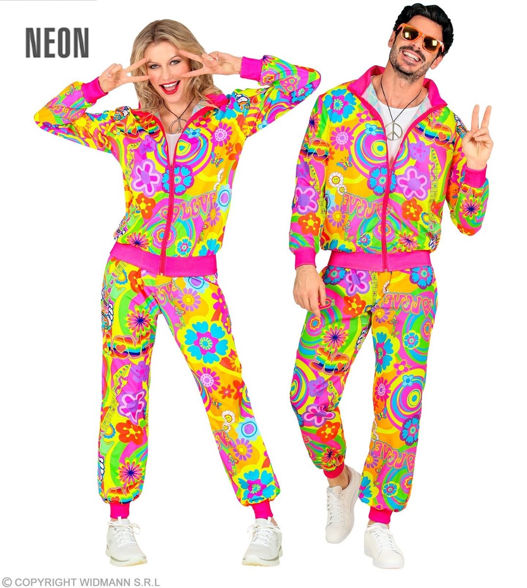 Widmann - Hippie Kostuum - Neon Groovy Love Retro Trainingspak Kostuum - Multicolor - XL - Carnavalskleding - Verkleedkleding