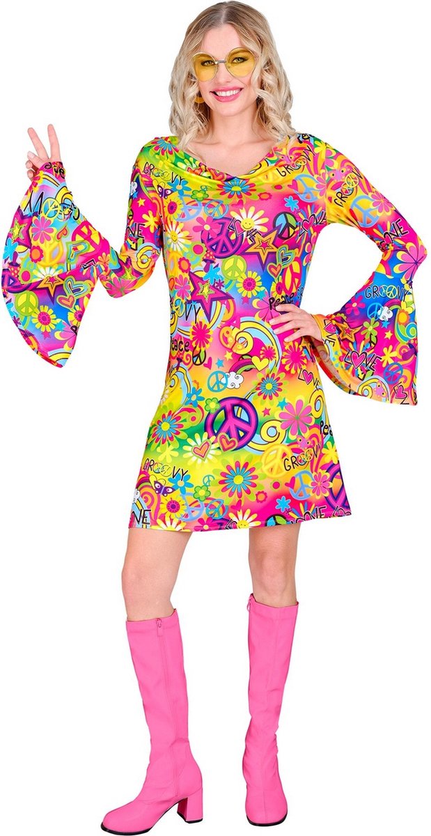 Widmann - Hippie Kostuum - Super 60s Peace And Love Jurk Vrouw - Multicolor - Small - Carnavalskleding - Verkleedkleding