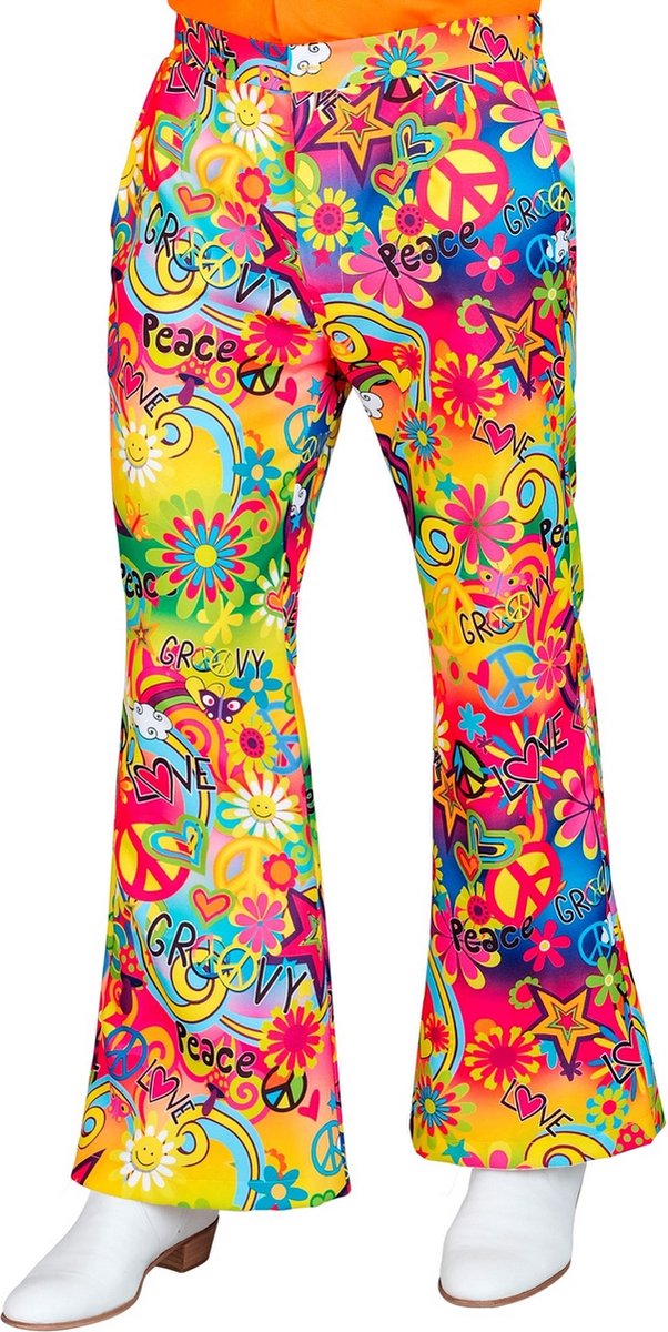 Widmann - Hippie Kostuum - Super 60s Peace And Love Wijde Pijpen Broek Man - Multicolor - Large / XL - Carnavalskleding - Verkleedkleding