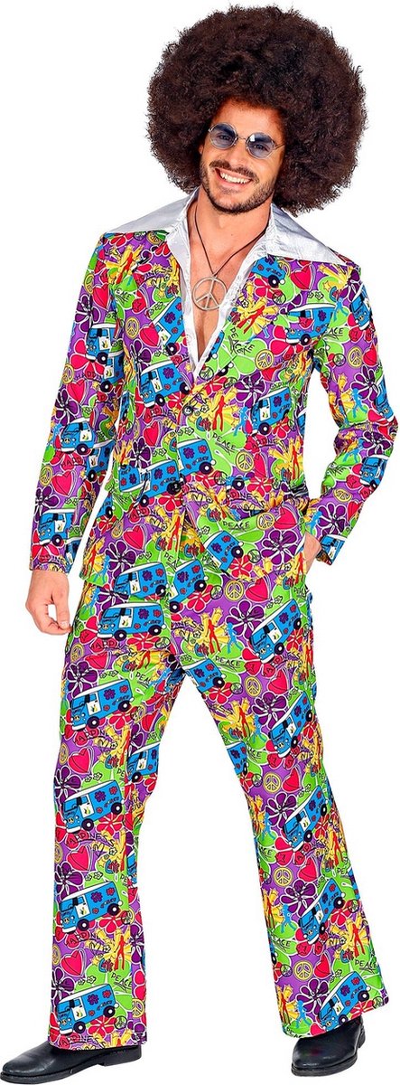 Widmann - Hippie Kostuum - Vrolijke Kleurige Hippie Symbolen - Man - Multicolor - Medium - Carnavalskleding - Verkleedkleding