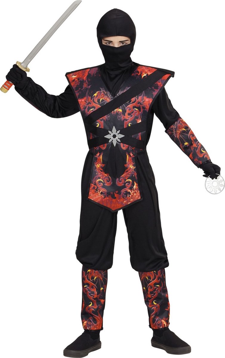 Widmann - Ninja & Samurai Kostuum - Ninja Vlammende Draak Dojo - Jongen - Rood, Zwart - Maat 128 - Carnavalskleding - Verkleedkleding