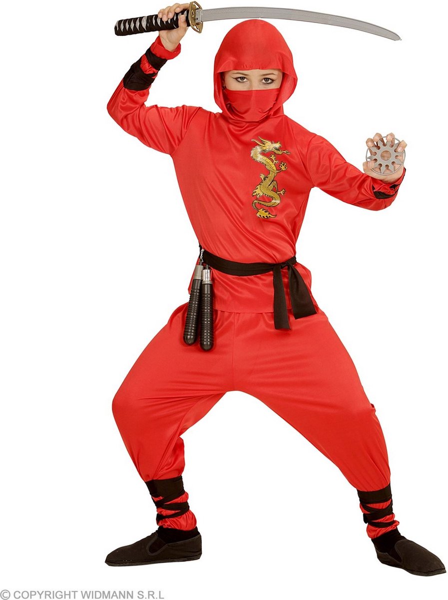 Widmann - Ninja & Samurai Kostuum - Red Dragon Ninja Strijder - Jongen - Rood - Maat 164 - Carnavalskleding - Verkleedkleding