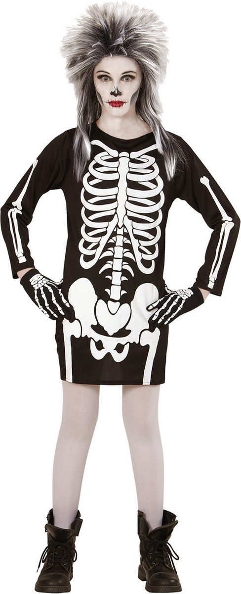 Widmann - Spook & Skelet Kostuum - Korte Jurk Skelet Kind Meisje - Zwart / Wit - Maat 158 - Halloween - Verkleedkleding