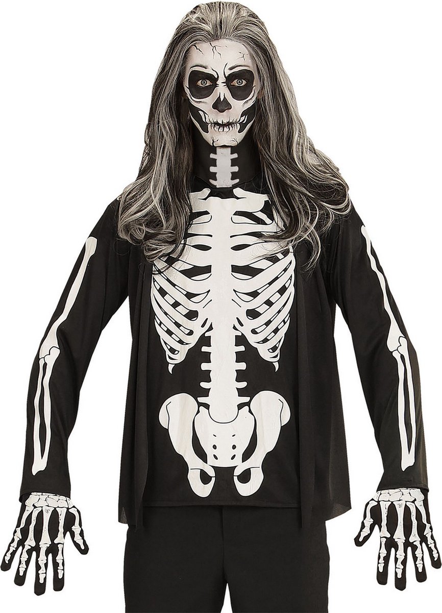 Widmann - Spook & Skelet Kostuum - Skelet Andrea Shirt Man - Zwart, Zwart / Wit - Medium / Large - Halloween - Verkleedkleding