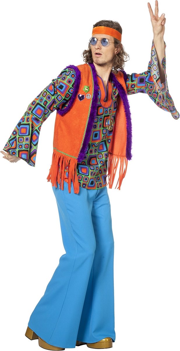 Wilbers & Wilbers - Hippie Kostuum - High On Lsd Hippie Oranje Man - Oranje, Multicolor - Maat 50 - Carnavalskleding - Verkleedkleding