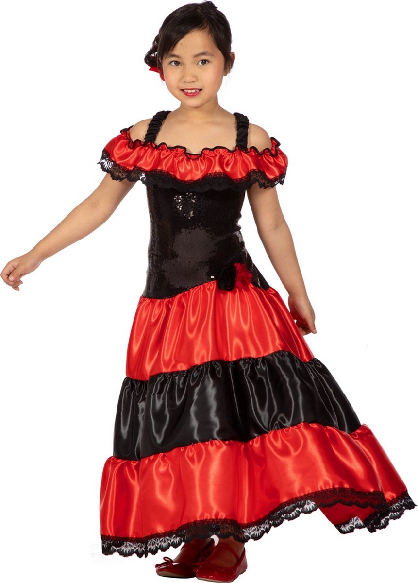 Wilbers & Wilbers - Spaans & Mexicaans Kostuum - Bonita Danseres Ole - Meisje - Rood, Zwart - Maat 116 - Carnavalskleding - Verkleedkleding