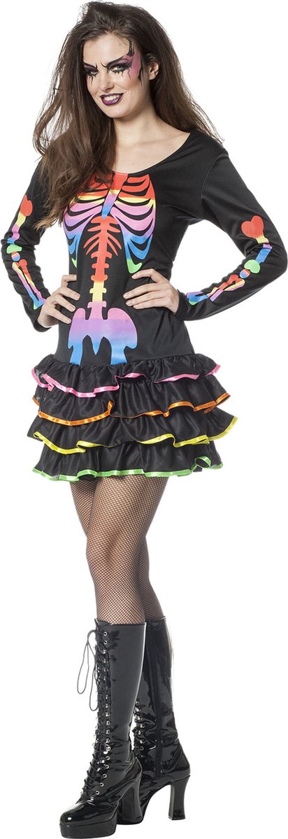 Wilbers & Wilbers - Spook & Skelet Kostuum - Funky Skelet Rainbow - Vrouw - Multicolor - Maat 34 - Halloween - Verkleedkleding