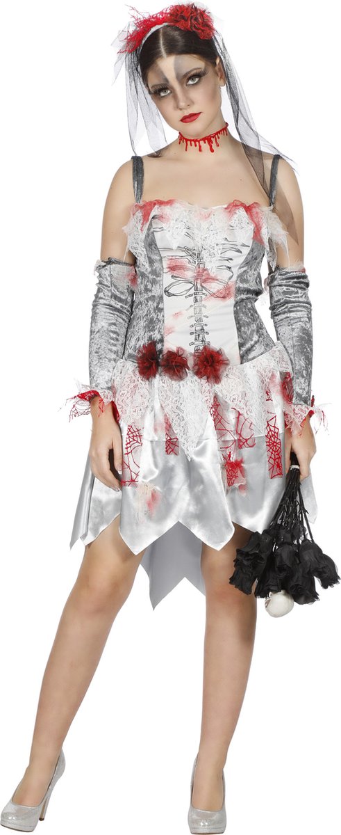 Wilbers & Wilbers - Zombie Kostuum - Bloedmooie Zombie Bruid - Vrouw - Grijs - Maat 38 - Halloween - Verkleedkleding