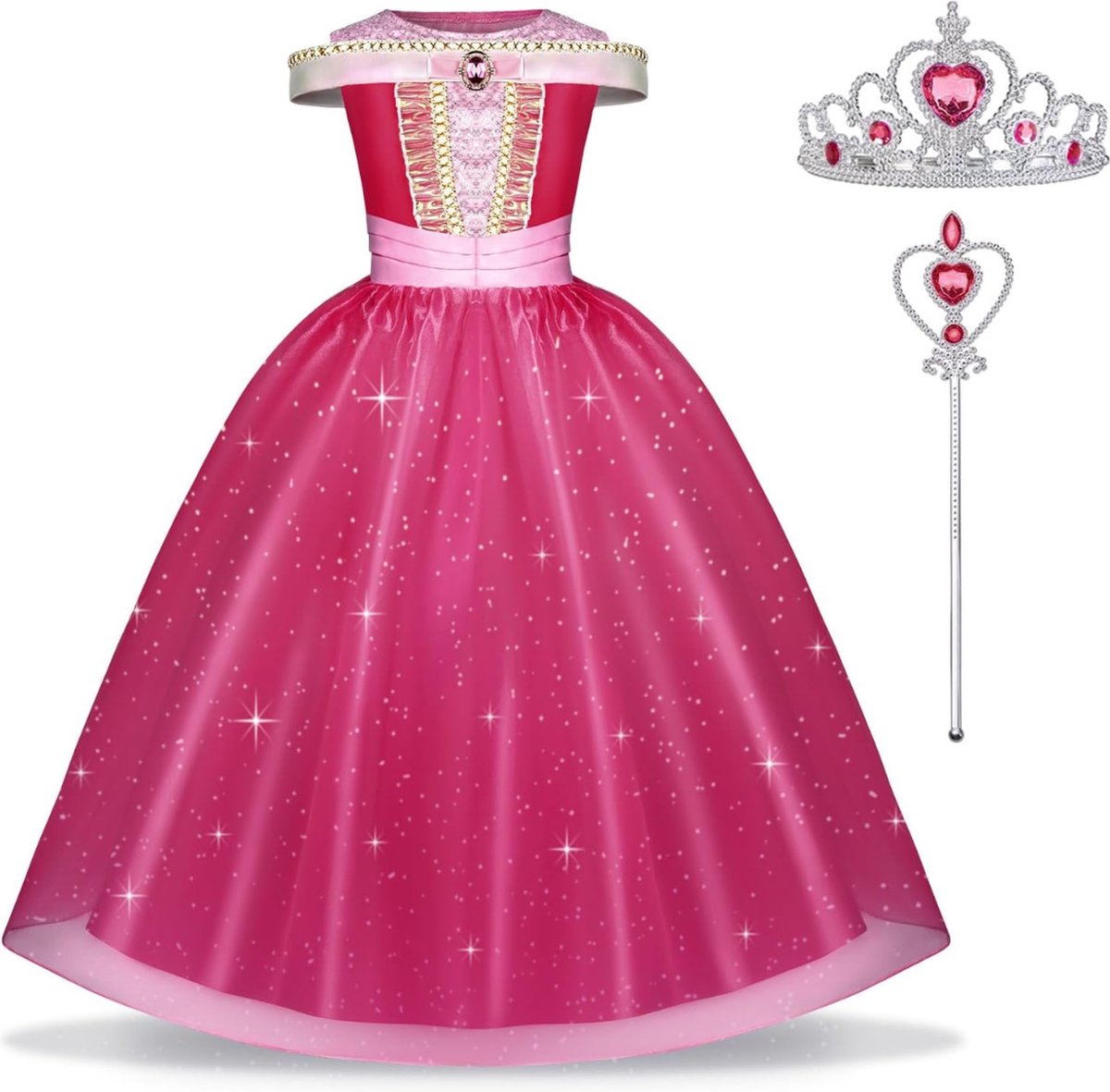 Carnavalsverkleding - "Sprookjesachtige Pracht: Complete Doornroosje Prinsessenkostuumset voor Meisjes - Inclusief Toverstaf en Kroon, Perfect voor Cosplay, Carnaval, Halloween en Kerstmis"