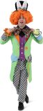 Funny Fashion - Mad Hatter Kostuum - Kleurige Mad Hatter Clown Jas Met Strik - Man - Groen - Maat 52-54 - Carnavalskleding - Verkleedkleding