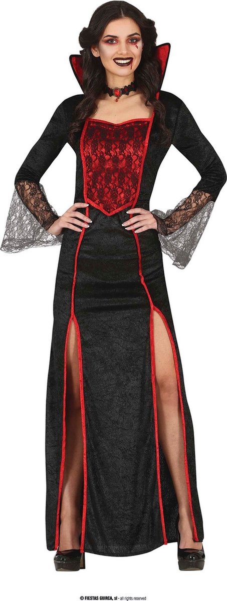 Guirca - Vampier & Dracula Kostuum - Verleidelijke Barones Valerie Vampier - Vrouw - Rood, Zwart - Maat 38-40 - Halloween - Verkleedkleding