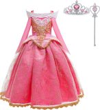 Joya Kids® Doornroosje verkleedjurk | Roze Prinsessenjurk | verkleedkleding Meisje | Maat 116-122 (120) roze goud + kroontje & Staf | Cadeau meisje