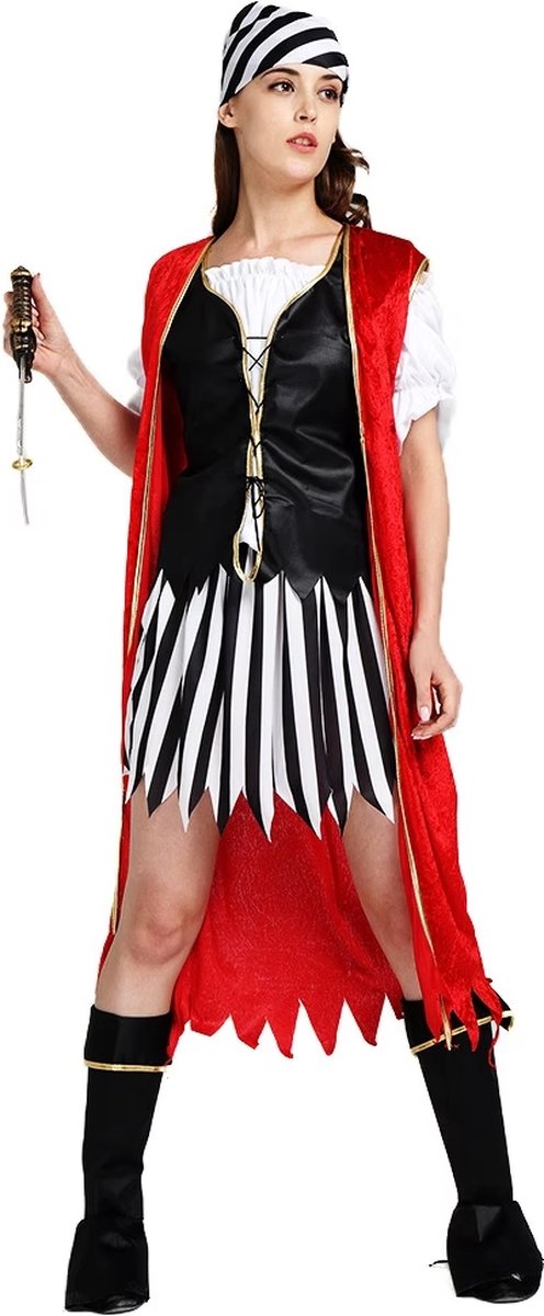 Kapitein Haak kostuum - Vrouwen - rood-wit-zwart - Carnaval - Halloween